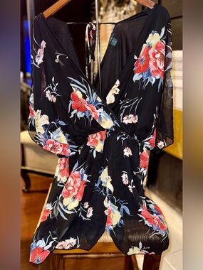 Pre-Loved Black Floral Faux-Wrap romper with Red & Yellow Blooms